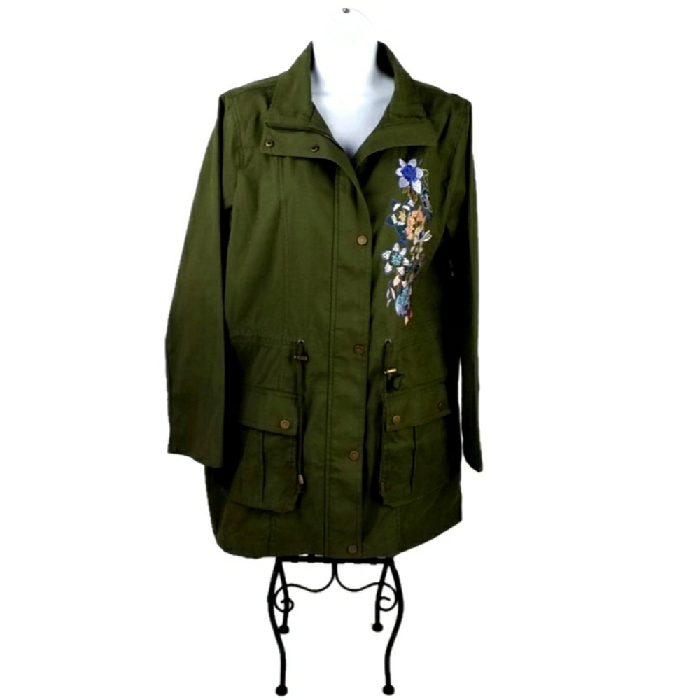 Mark. Green Heavily Floral Embroidered Long Sleeve Zip Up Utility Jacket Women L